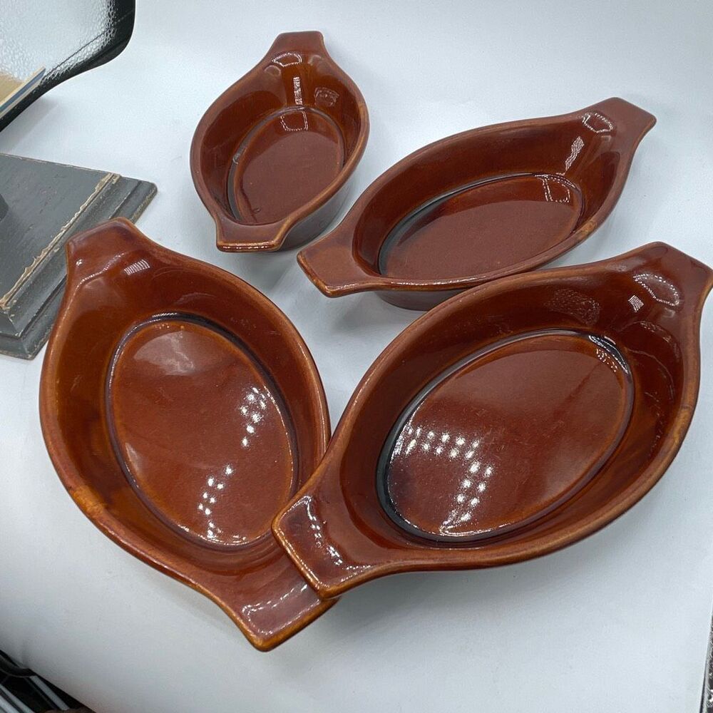 Vintage SI Japan set of 4 Au Gratin pottery oven to table dishes.